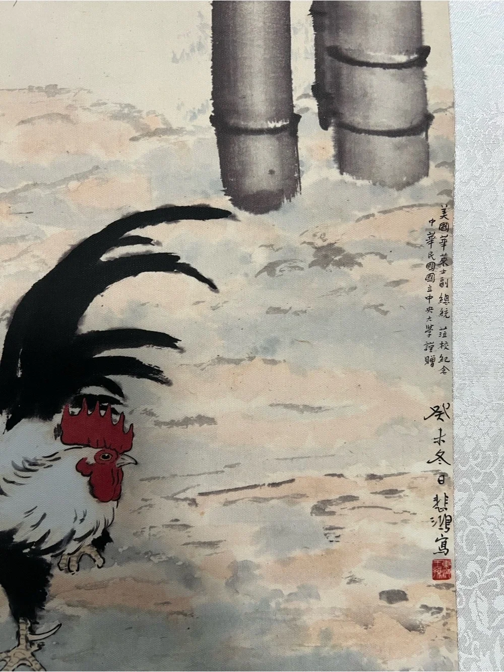 China Old Scroll Wall Hanging Painting Xu Beihong's Ink Painting of Rooster